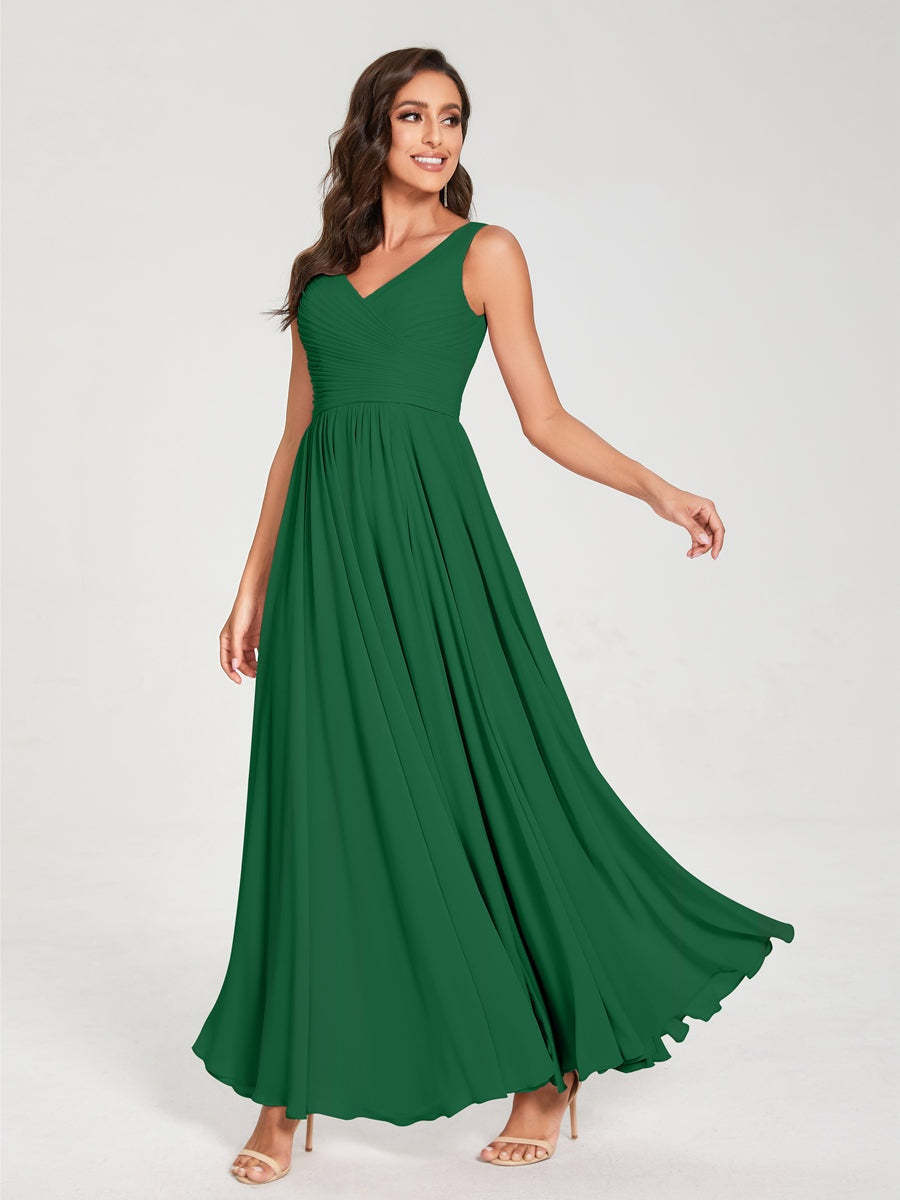 Floor-Length Sleeveless V-Neck Chiffon Bridesmaid Dress with A-Line Princess Silhouette and Pleats