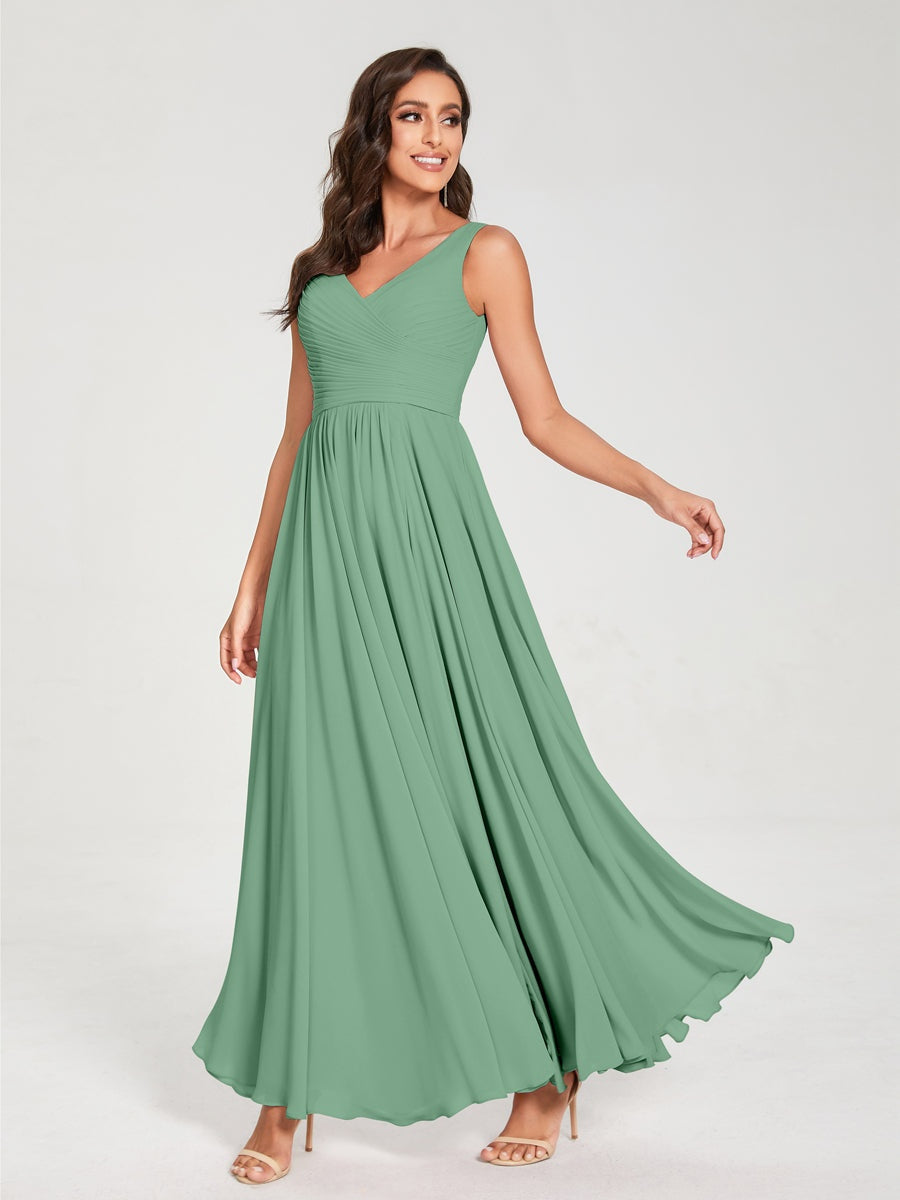 Floor-Length Sleeveless V-Neck Chiffon Bridesmaid Dress with A-Line Princess Silhouette and Pleats