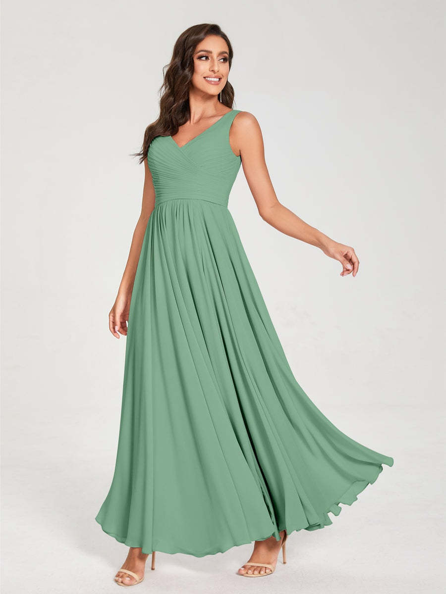 Floor-Length Sleeveless V-Neck Chiffon Bridesmaid Dress with A-Line Princess Silhouette and Pleats
