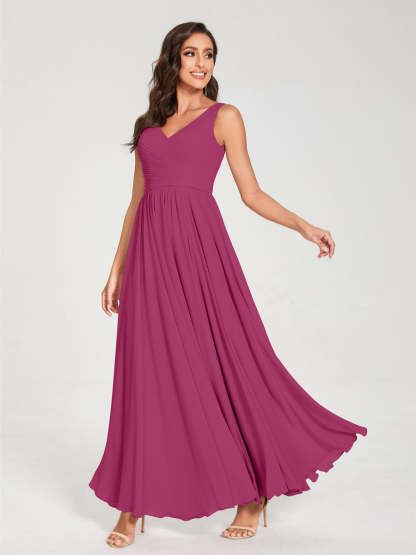 Floor-Length Sleeveless V-Neck Chiffon Bridesmaid Dress with A-Line Princess Silhouette and Pleats