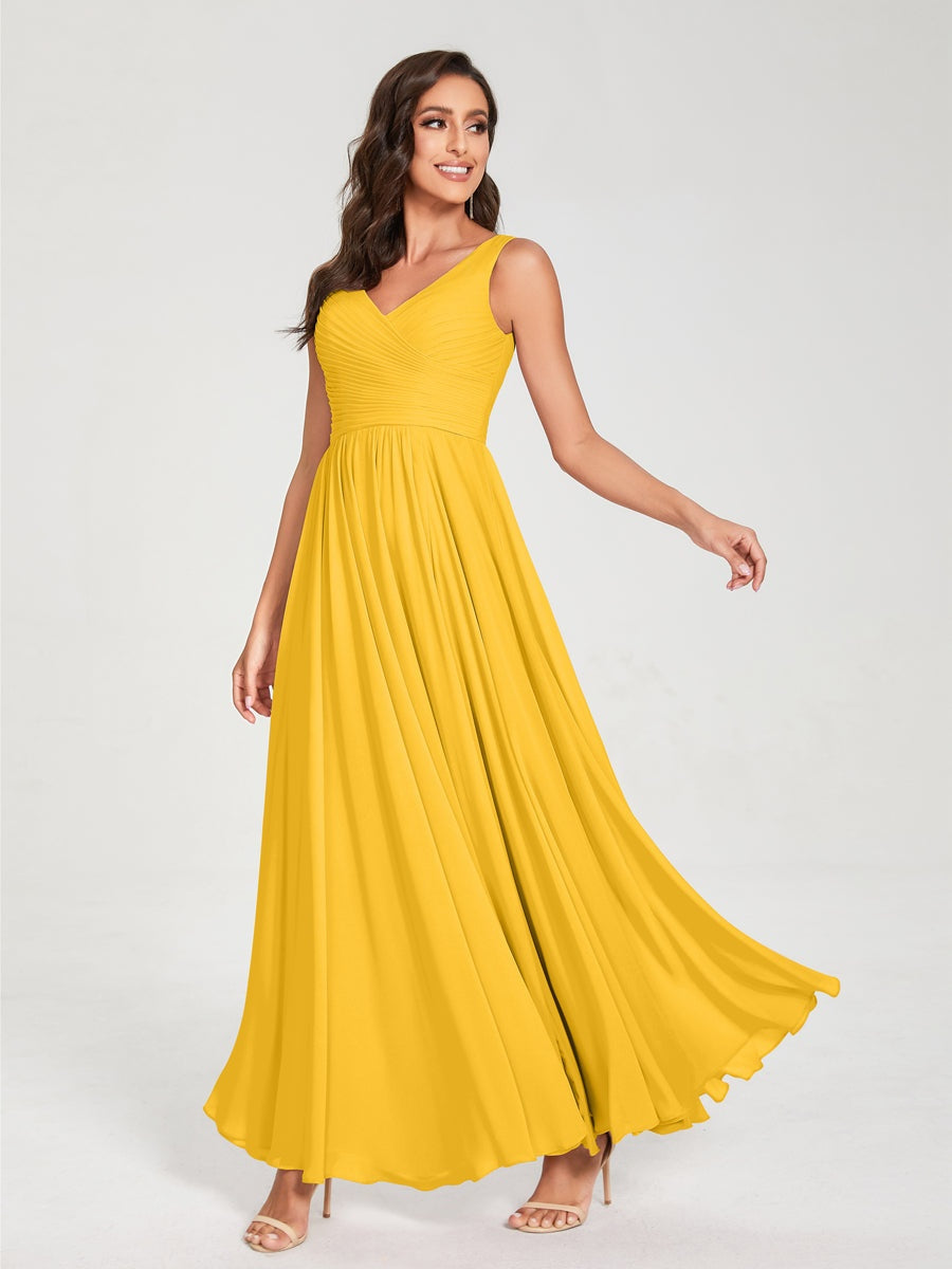 Floor-Length Sleeveless V-Neck Chiffon Bridesmaid Dress with A-Line Princess Silhouette and Pleats