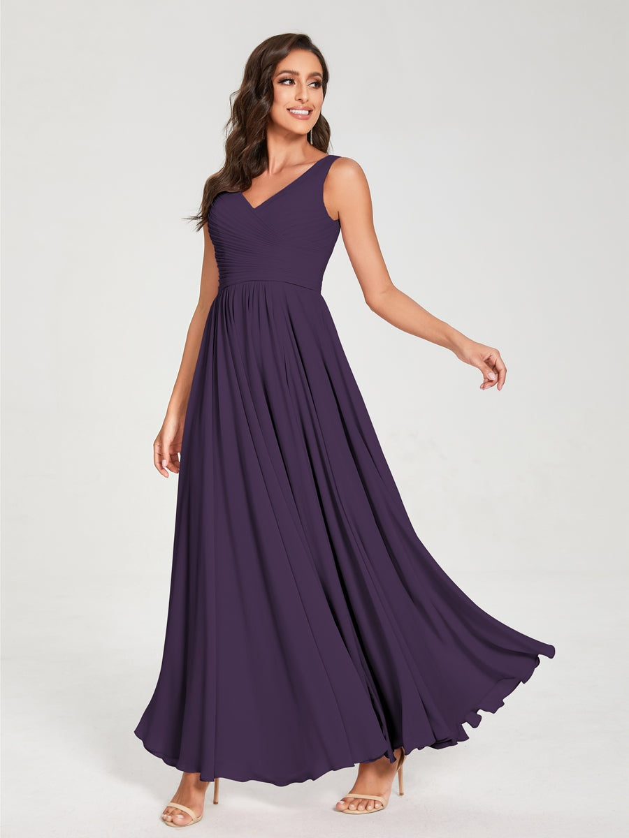 Floor-Length Sleeveless V-Neck Chiffon Bridesmaid Dress with A-Line Princess Silhouette and Pleats