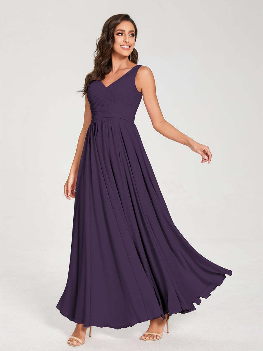Floor-Length Sleeveless V-Neck Chiffon Bridesmaid Dress with A-Line Princess Silhouette and Pleats