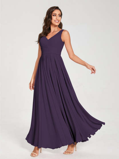 Floor-Length Sleeveless V-Neck Chiffon Bridesmaid Dress with A-Line Princess Silhouette and Pleats