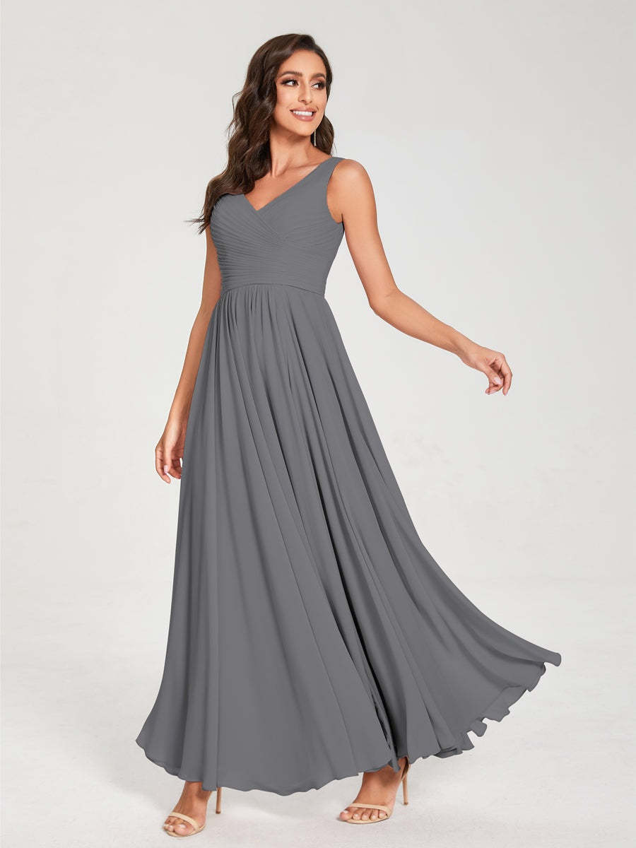 Floor-Length Sleeveless V-Neck Chiffon Bridesmaid Dress with A-Line Princess Silhouette and Pleats