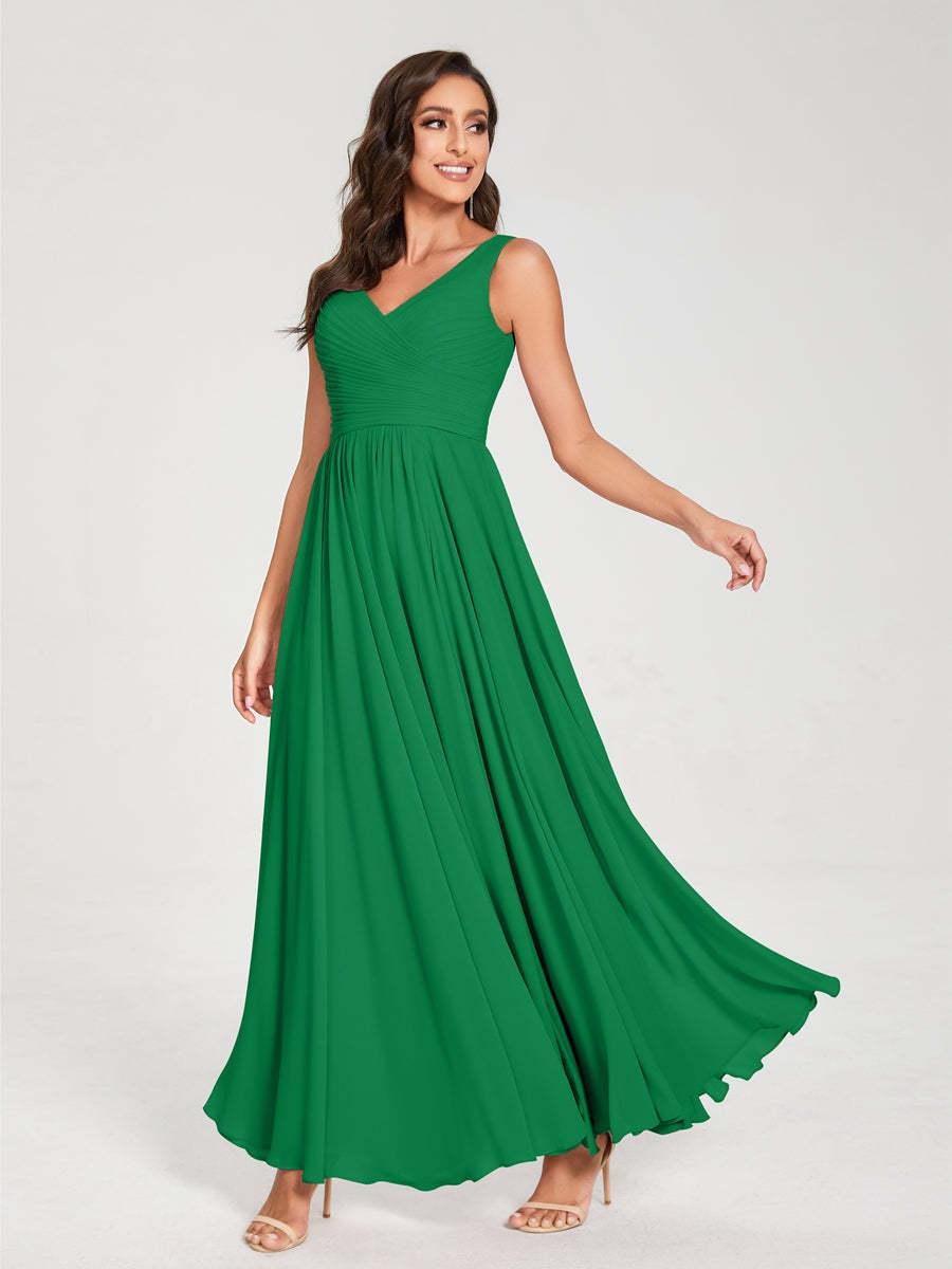 Floor-Length Sleeveless V-Neck Chiffon Bridesmaid Dress with A-Line Princess Silhouette and Pleats