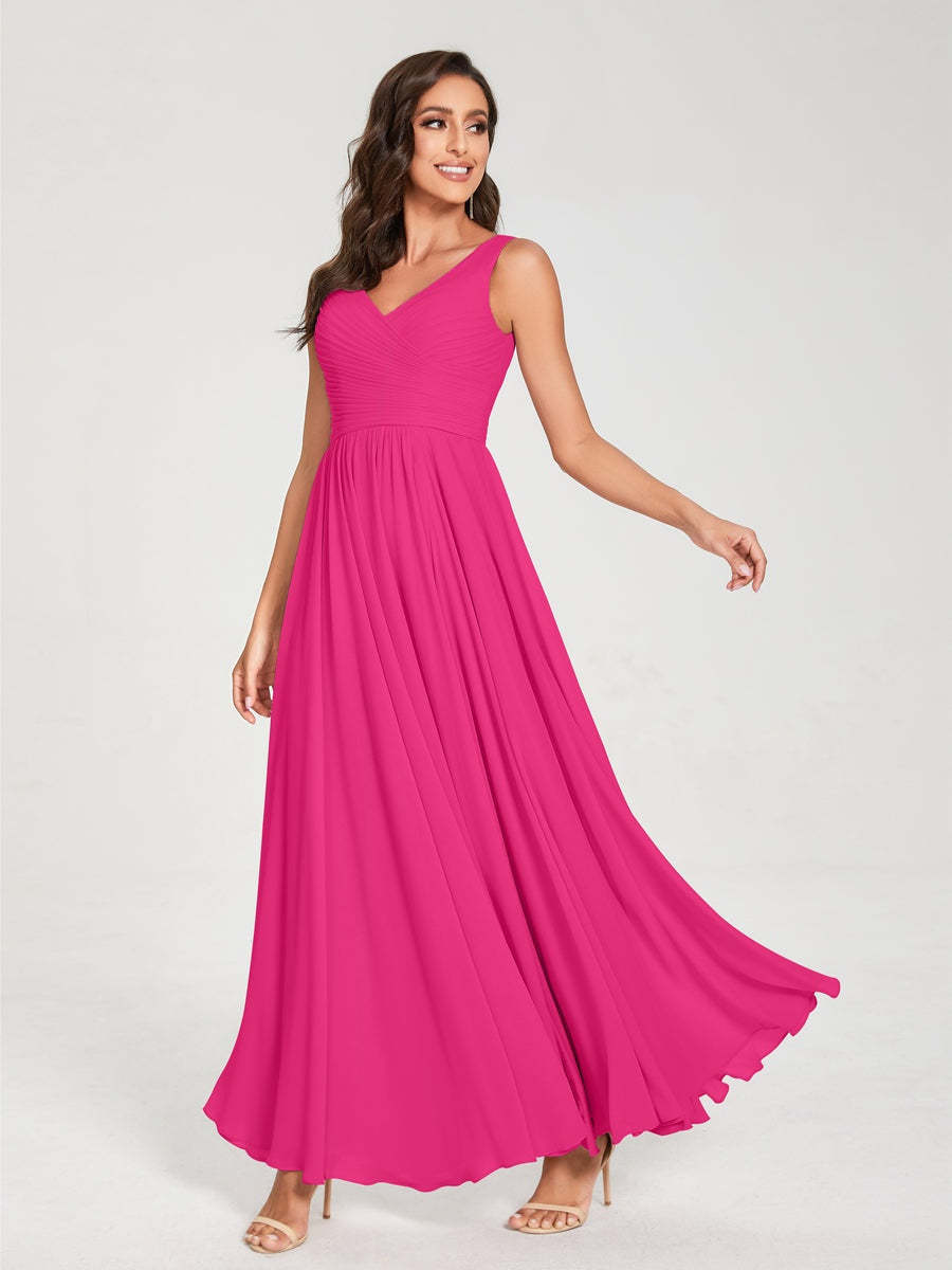 Floor-Length Sleeveless V-Neck Chiffon Bridesmaid Dress with A-Line Princess Silhouette and Pleats