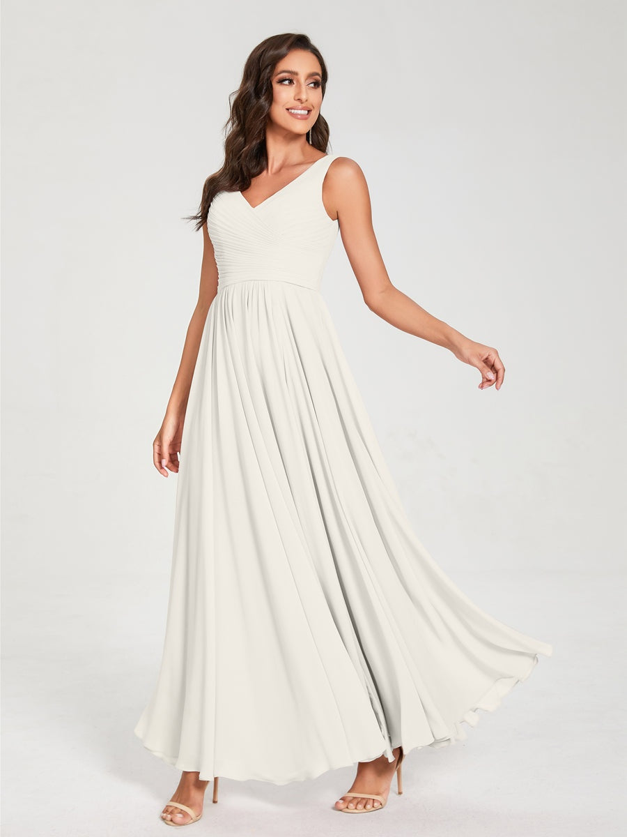 Floor-Length Sleeveless V-Neck Chiffon Bridesmaid Dress with A-Line Princess Silhouette and Pleats