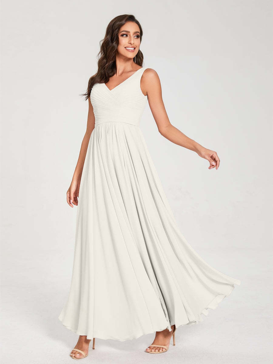 Floor-Length Sleeveless V-Neck Chiffon Bridesmaid Dress with A-Line Princess Silhouette and Pleats
