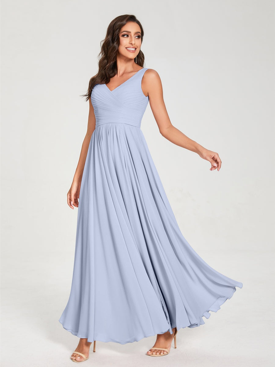 Floor-Length Sleeveless V-Neck Chiffon Bridesmaid Dress with A-Line Princess Silhouette and Pleats
