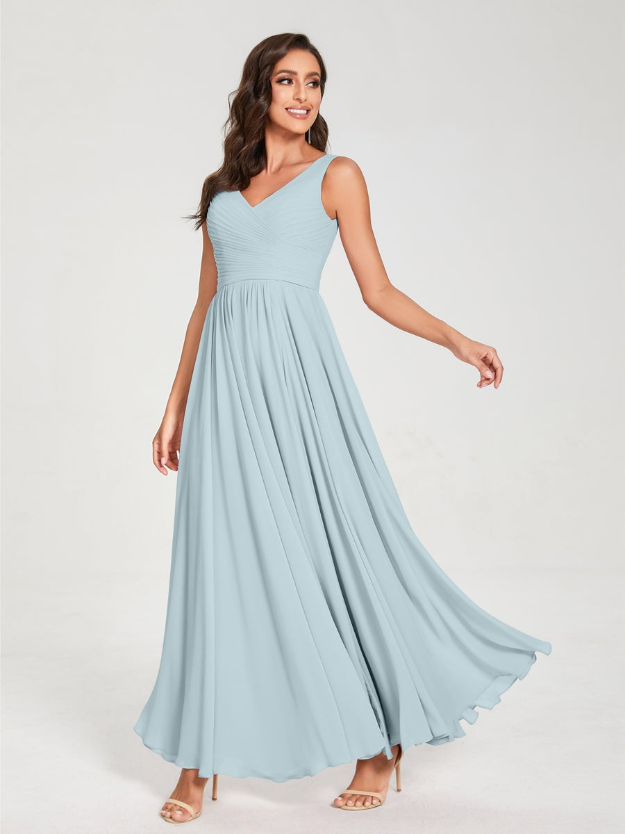 Floor-Length Sleeveless V-Neck Chiffon Bridesmaid Dress with A-Line Princess Silhouette and Pleats