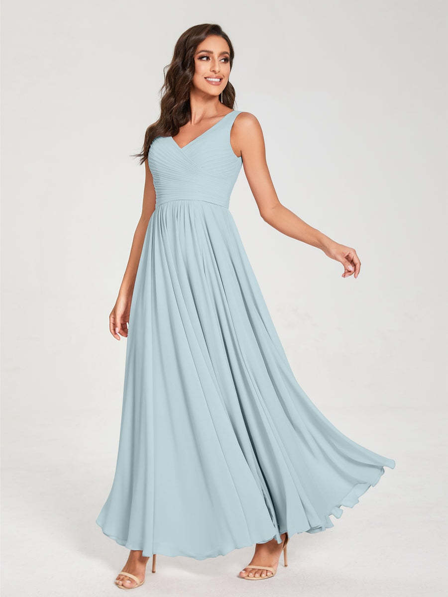 Floor-Length Sleeveless V-Neck Chiffon Bridesmaid Dress with A-Line Princess Silhouette and Pleats