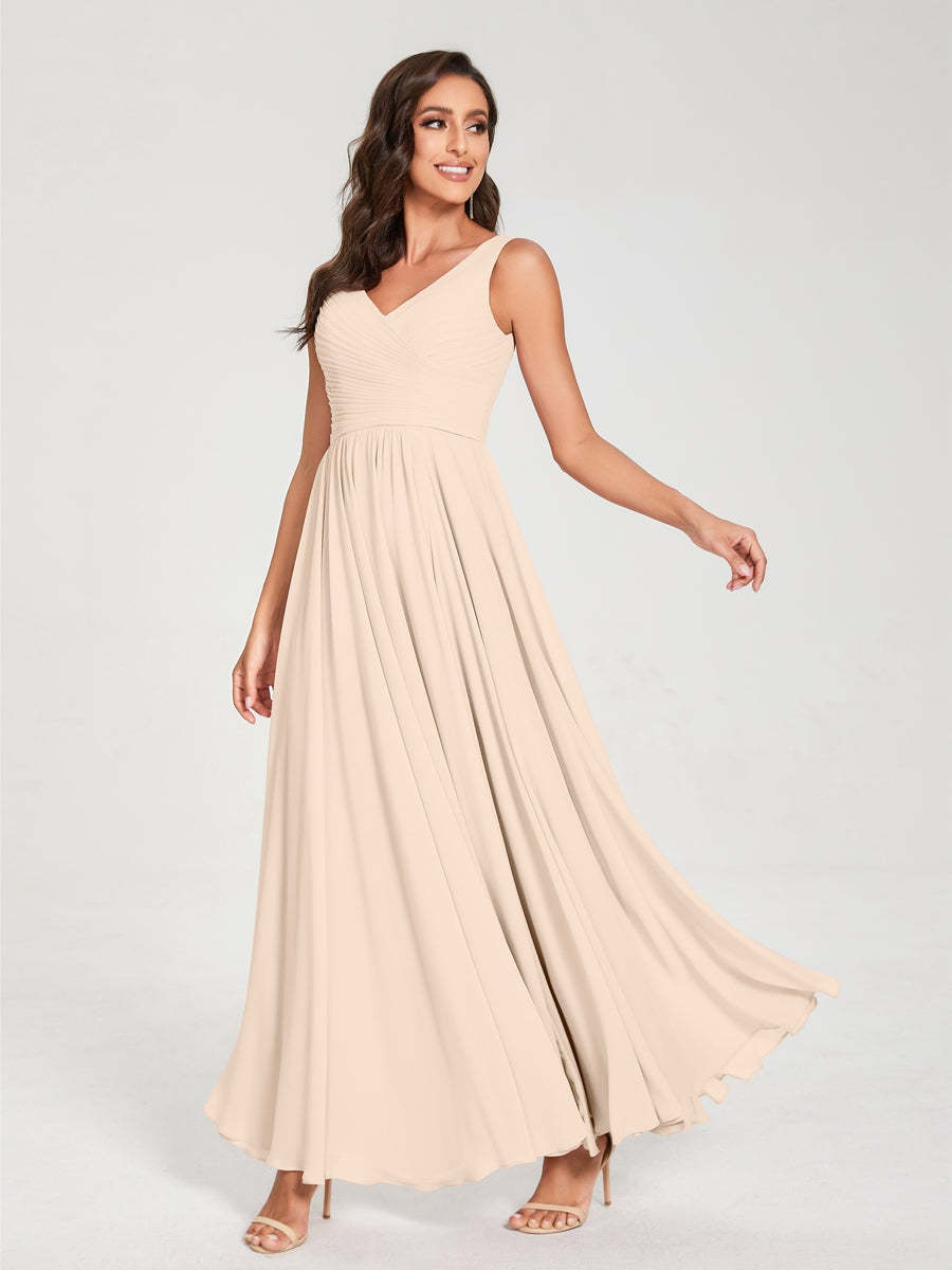 Floor-Length Sleeveless V-Neck Chiffon Bridesmaid Dress with A-Line Princess Silhouette and Pleats