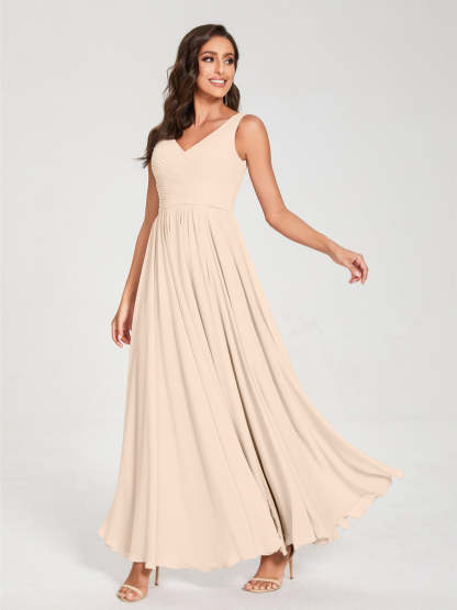 Floor-Length Sleeveless V-Neck Chiffon Bridesmaid Dress with A-Line Princess Silhouette and Pleats