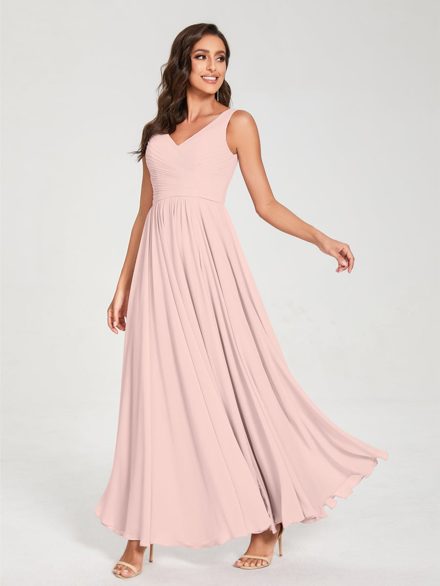 Floor-Length Sleeveless V-Neck Chiffon Bridesmaid Dress with A-Line Princess Silhouette and Pleats