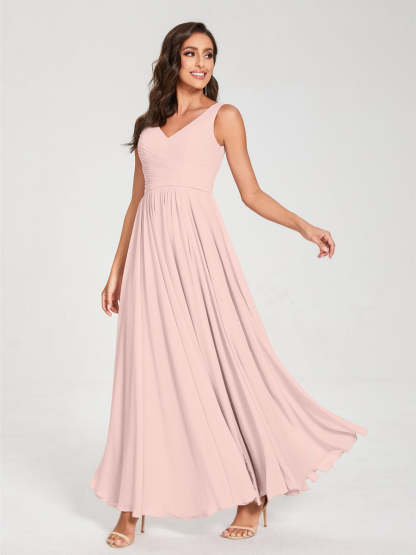 Floor-Length Sleeveless V-Neck Chiffon Bridesmaid Dress with A-Line Princess Silhouette and Pleats