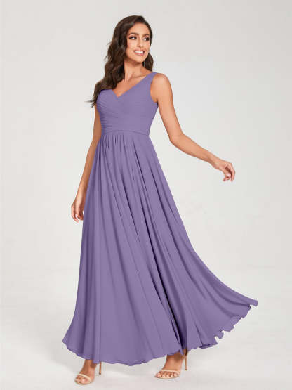 Floor-Length Sleeveless V-Neck Chiffon Bridesmaid Dress with A-Line Princess Silhouette and Pleats