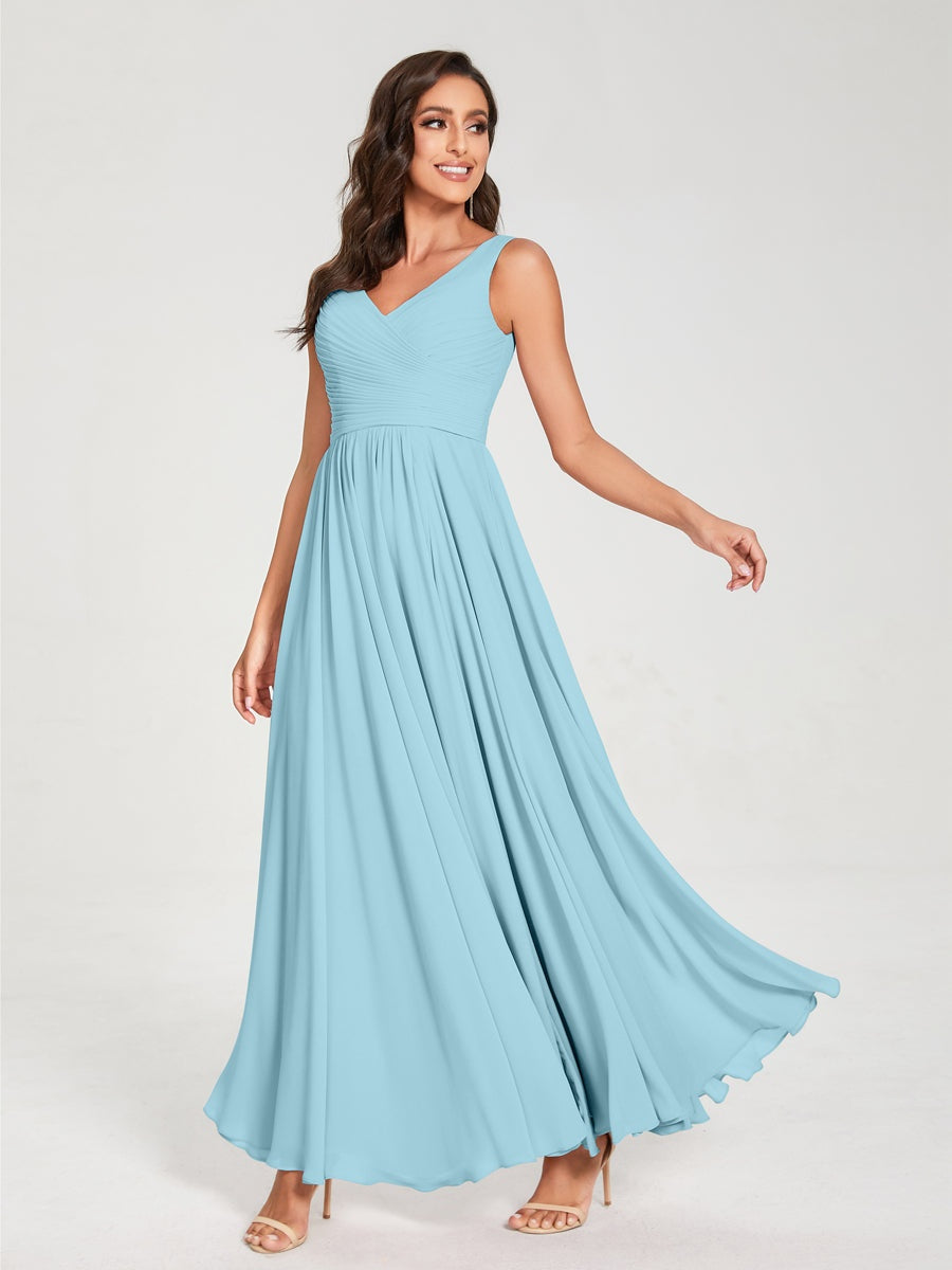 Floor-Length Sleeveless V-Neck Chiffon Bridesmaid Dress with A-Line Princess Silhouette and Pleats