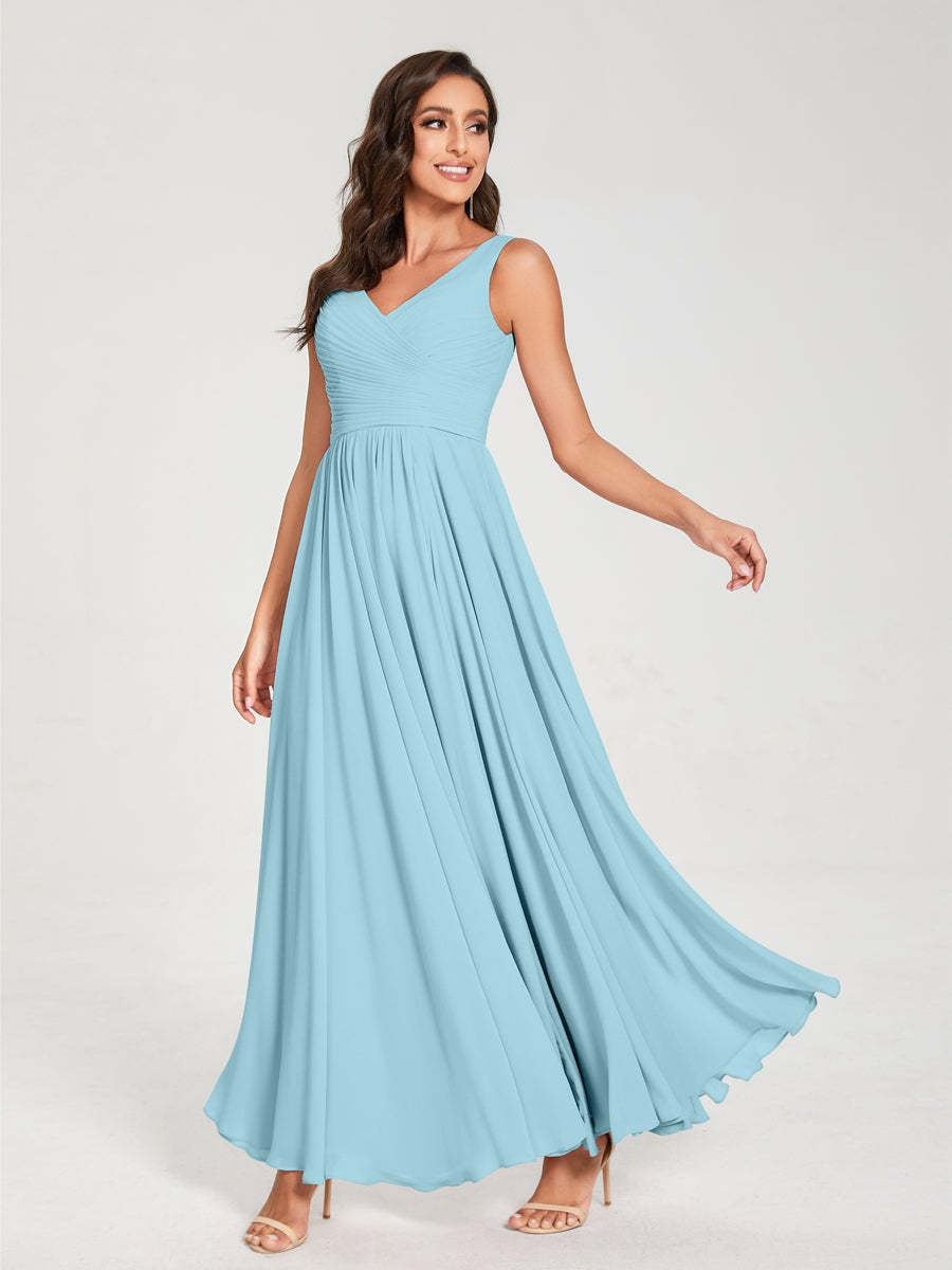 Floor-Length Sleeveless V-Neck Chiffon Bridesmaid Dress with A-Line Princess Silhouette and Pleats