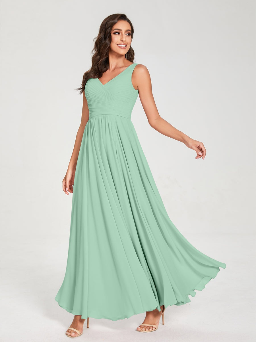 Floor-Length Sleeveless V-Neck Chiffon Bridesmaid Dress with A-Line Princess Silhouette and Pleats