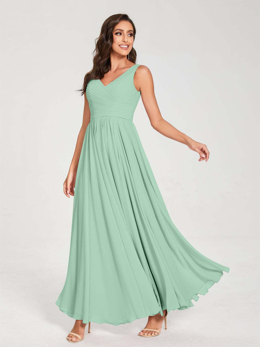 Floor-Length Sleeveless V-Neck Chiffon Bridesmaid Dress with A-Line Princess Silhouette and Pleats