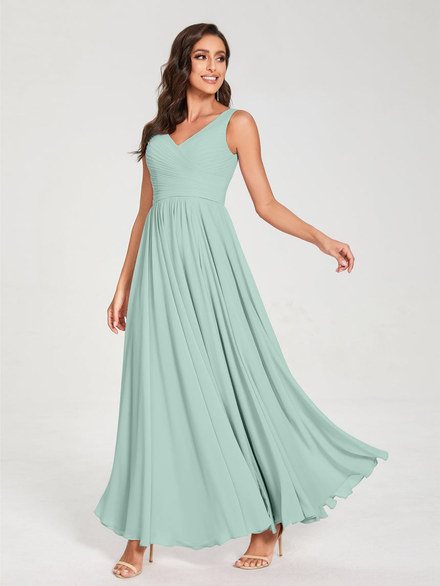 Floor-Length Sleeveless V-Neck Chiffon Bridesmaid Dress with A-Line Princess Silhouette and Pleats