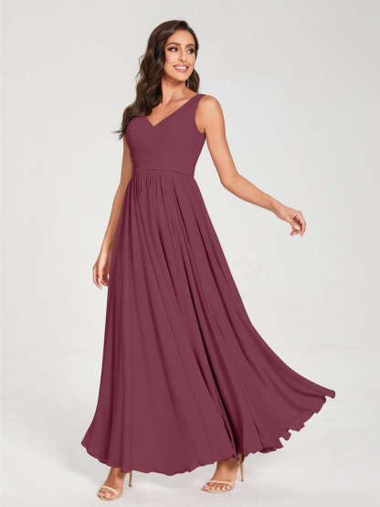 Floor-Length Sleeveless V-Neck Chiffon Bridesmaid Dress with A-Line Princess Silhouette and Pleats