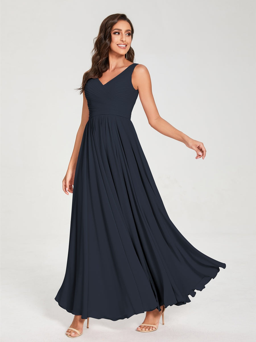 Floor-Length Sleeveless V-Neck Chiffon Bridesmaid Dress with A-Line Princess Silhouette and Pleats