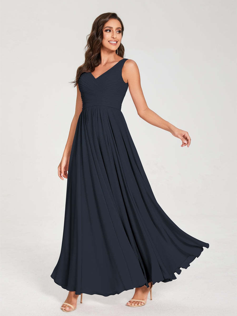 Floor-Length Sleeveless V-Neck Chiffon Bridesmaid Dress with A-Line Princess Silhouette and Pleats
