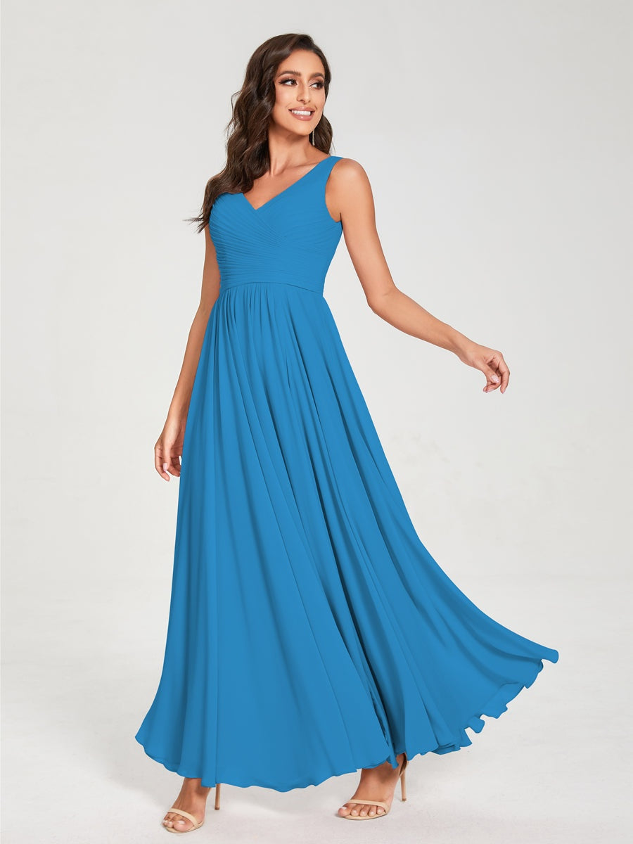 Floor-Length Sleeveless V-Neck Chiffon Bridesmaid Dress with A-Line Princess Silhouette and Pleats