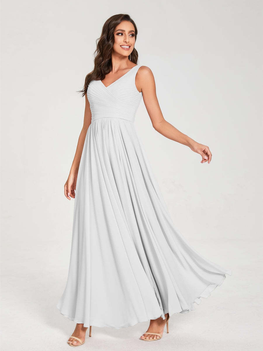Floor-Length Sleeveless V-Neck Chiffon Bridesmaid Dress with A-Line Princess Silhouette and Pleats