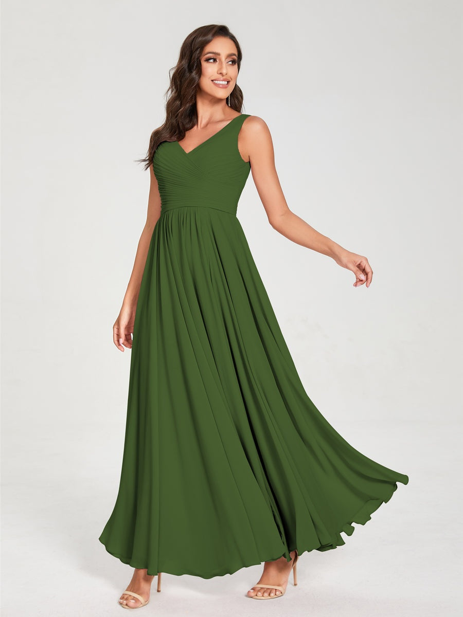 Floor-Length Sleeveless V-Neck Chiffon Bridesmaid Dress with A-Line Princess Silhouette and Pleats