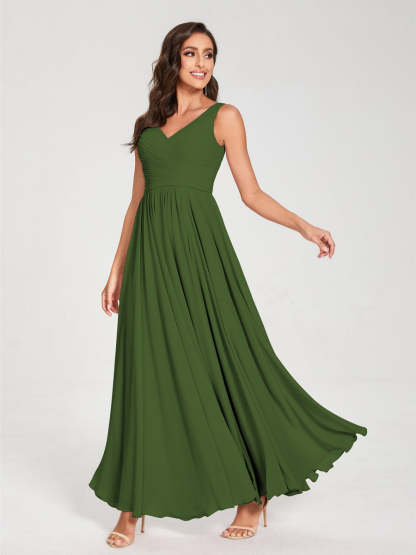 Floor-Length Sleeveless V-Neck Chiffon Bridesmaid Dress with A-Line Princess Silhouette and Pleats