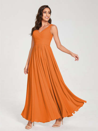Floor-Length Sleeveless V-Neck Chiffon Bridesmaid Dress with A-Line Princess Silhouette and Pleats