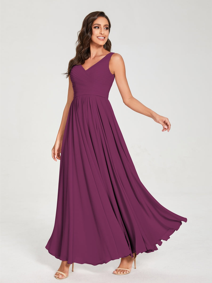 Floor-Length Sleeveless V-Neck Chiffon Bridesmaid Dress with A-Line Princess Silhouette and Pleats