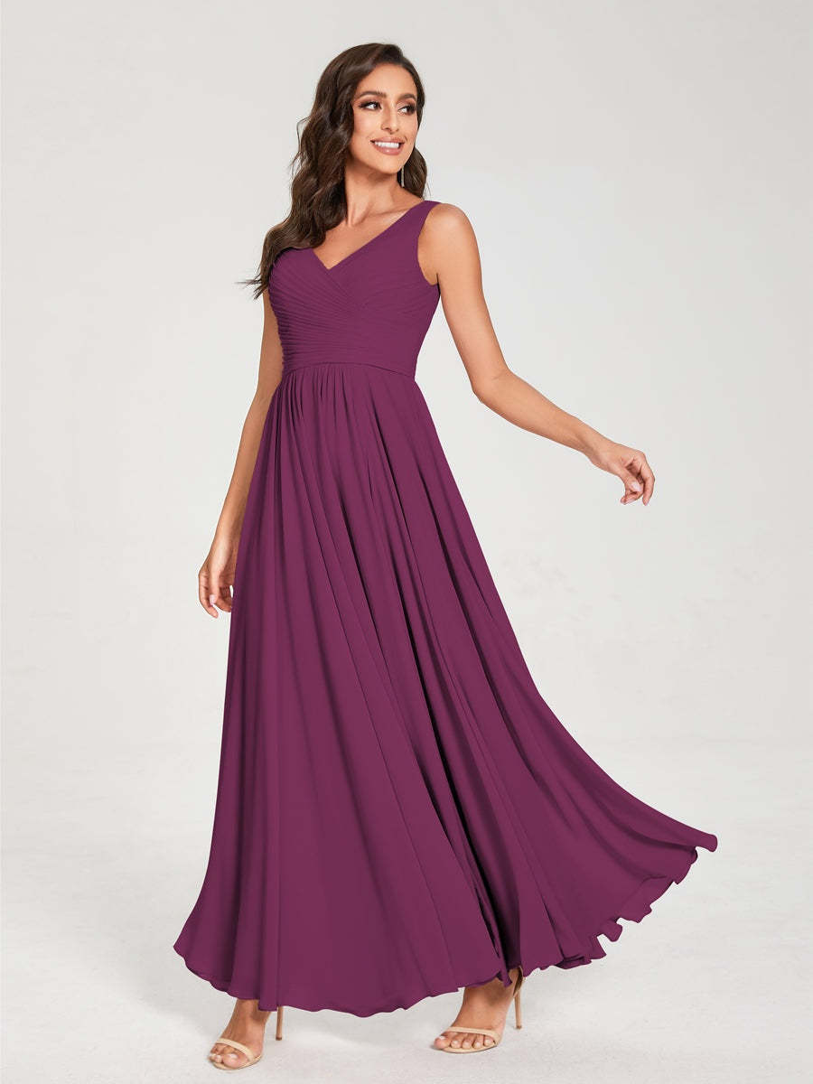 Floor-Length Sleeveless V-Neck Chiffon Bridesmaid Dress with A-Line Princess Silhouette and Pleats