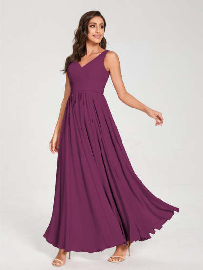 Floor-Length Sleeveless V-Neck Chiffon Bridesmaid Dress with A-Line Princess Silhouette and Pleats