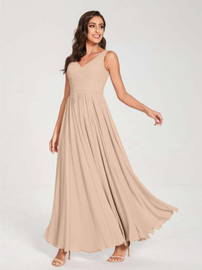 Floor-Length Sleeveless V-Neck Chiffon Bridesmaid Dress with A-Line Princess Silhouette and Pleats