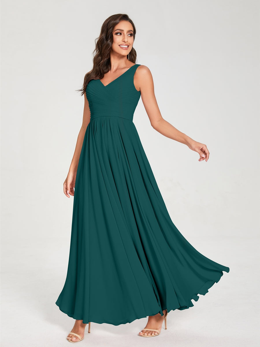 Floor-Length Sleeveless V-Neck Chiffon Bridesmaid Dress with A-Line Princess Silhouette and Pleats