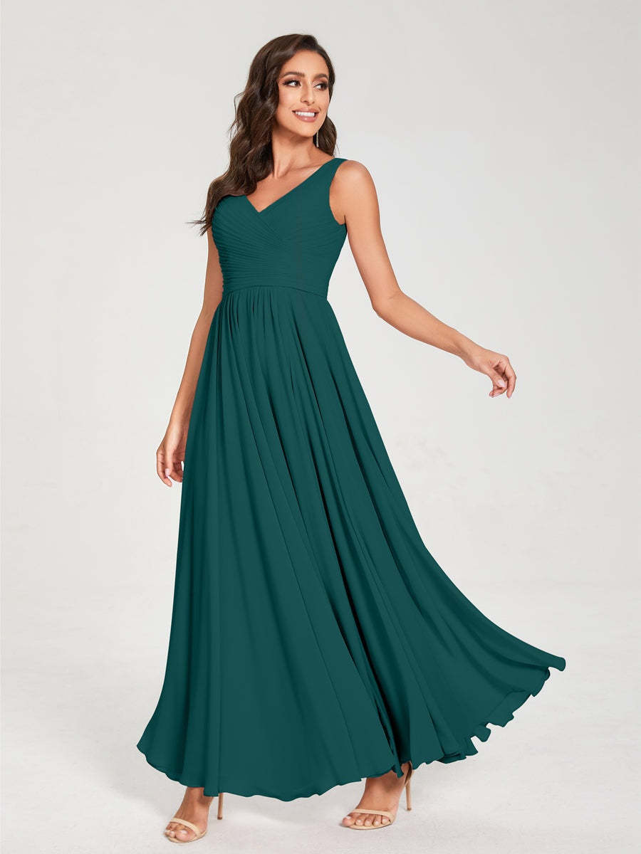 Floor-Length Sleeveless V-Neck Chiffon Bridesmaid Dress with A-Line Princess Silhouette and Pleats