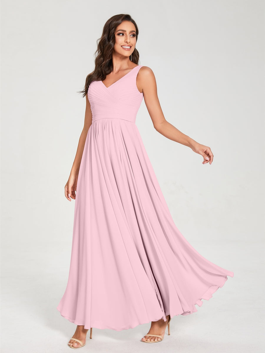 Floor-Length Sleeveless V-Neck Chiffon Bridesmaid Dress with A-Line Princess Silhouette and Pleats