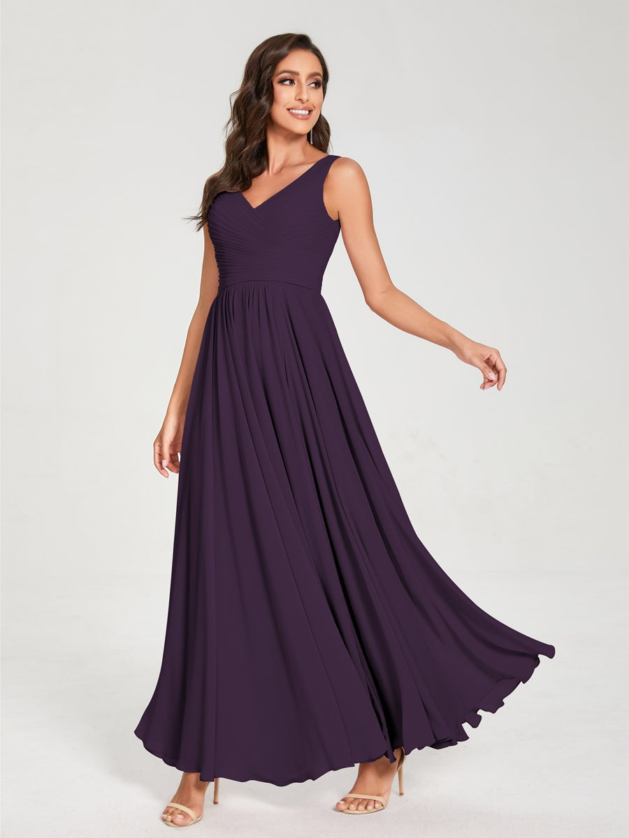 Floor-Length Sleeveless V-Neck Chiffon Bridesmaid Dress with A-Line Princess Silhouette and Pleats