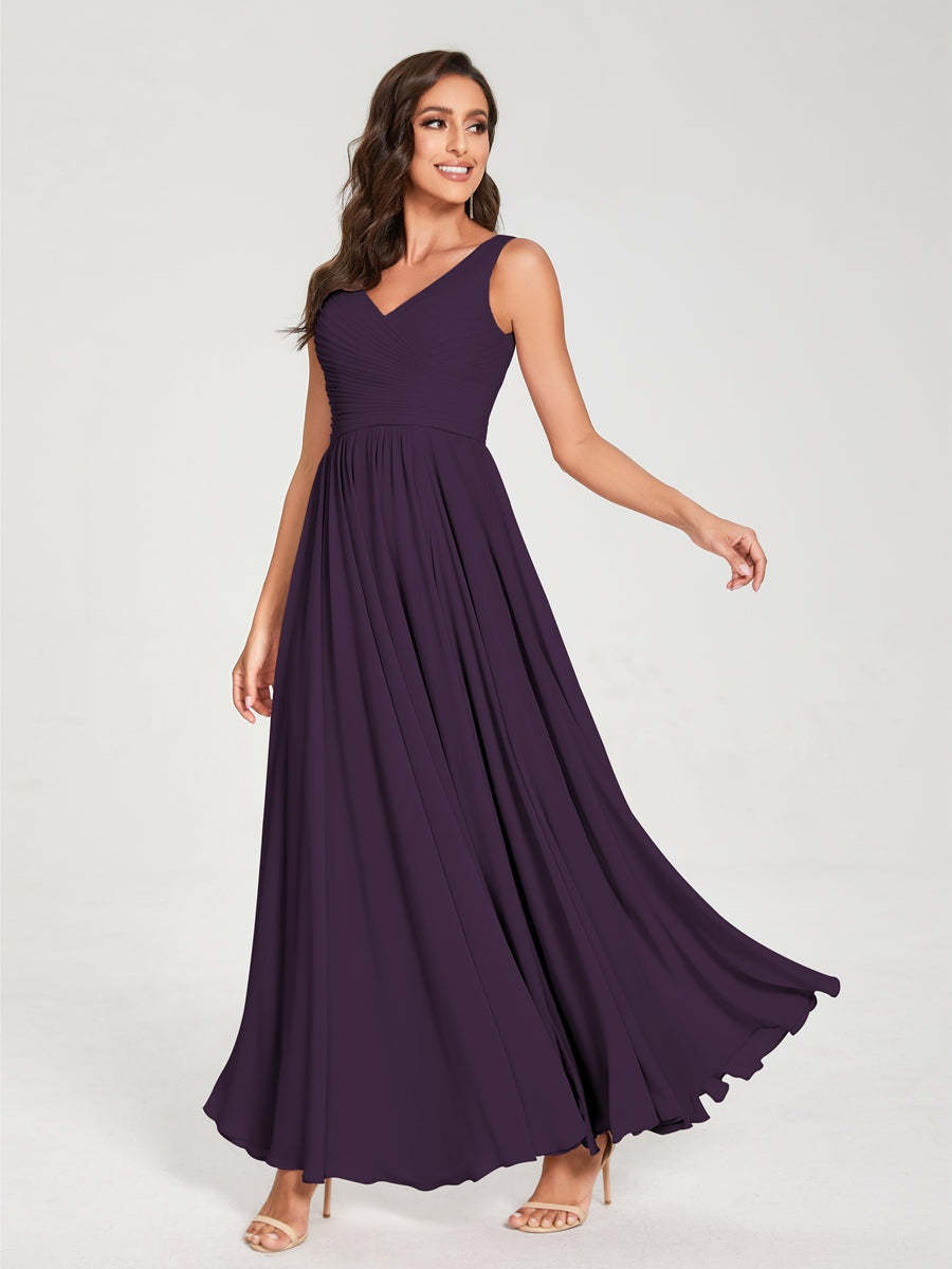 Floor-Length Sleeveless V-Neck Chiffon Bridesmaid Dress with A-Line Princess Silhouette and Pleats