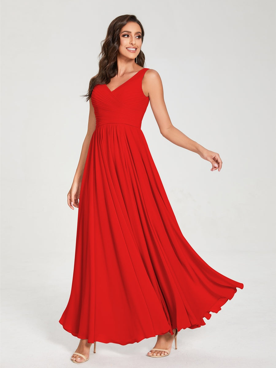 Floor-Length Sleeveless V-Neck Chiffon Bridesmaid Dress with A-Line Princess Silhouette and Pleats