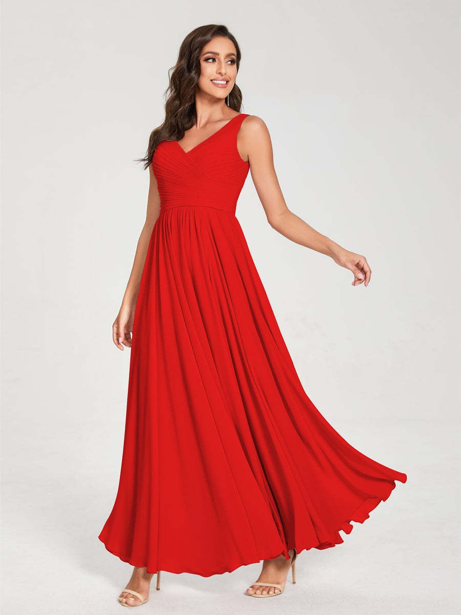 Floor-Length Sleeveless V-Neck Chiffon Bridesmaid Dress with A-Line Princess Silhouette and Pleats
