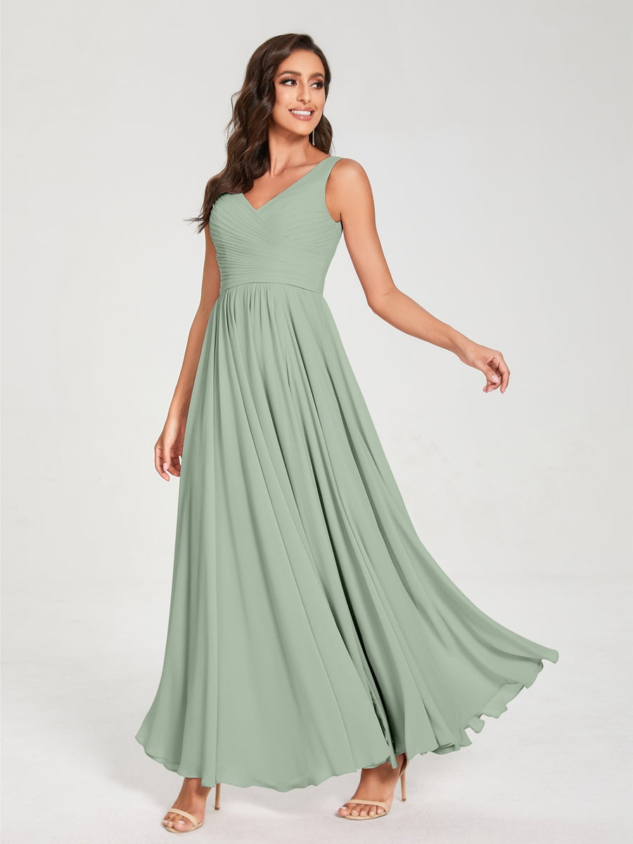 Floor-Length Sleeveless V-Neck Chiffon Bridesmaid Dress with A-Line Princess Silhouette and Pleats
