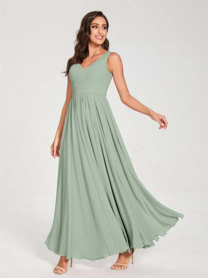 Floor-Length Sleeveless V-Neck Chiffon Bridesmaid Dress with A-Line Princess Silhouette and Pleats