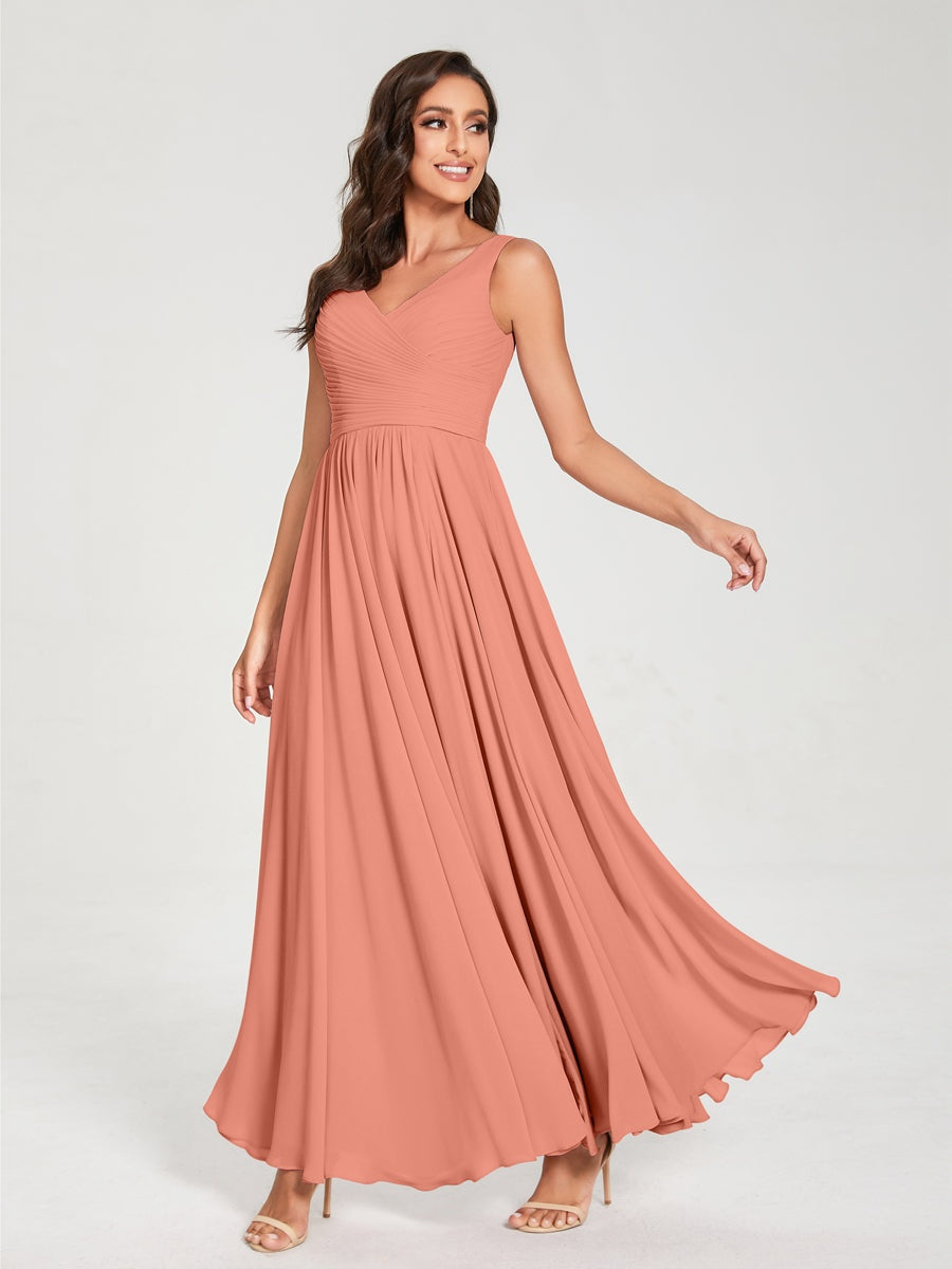 Floor-Length Sleeveless V-Neck Chiffon Bridesmaid Dress with A-Line Princess Silhouette and Pleats
