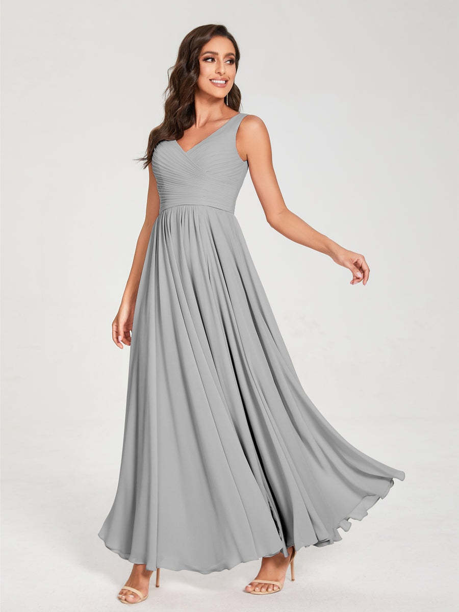 Floor-Length Sleeveless V-Neck Chiffon Bridesmaid Dress with A-Line Princess Silhouette and Pleats