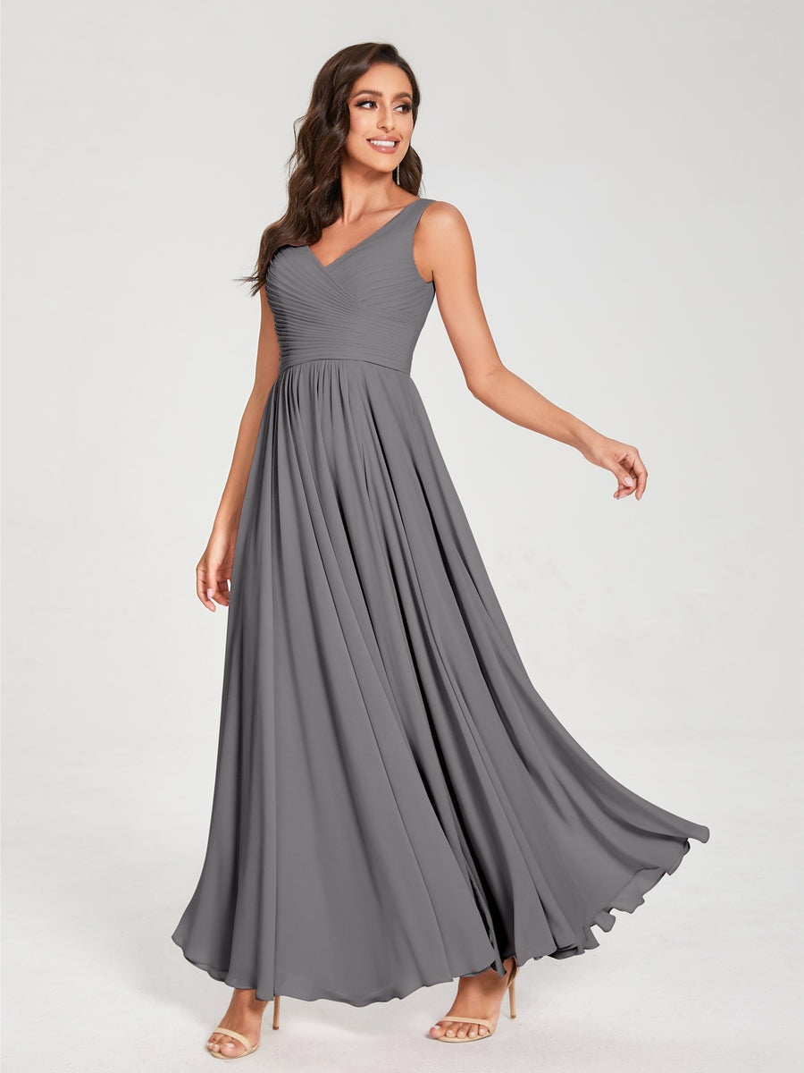 Floor-Length Sleeveless V-Neck Chiffon Bridesmaid Dress with A-Line Princess Silhouette and Pleats